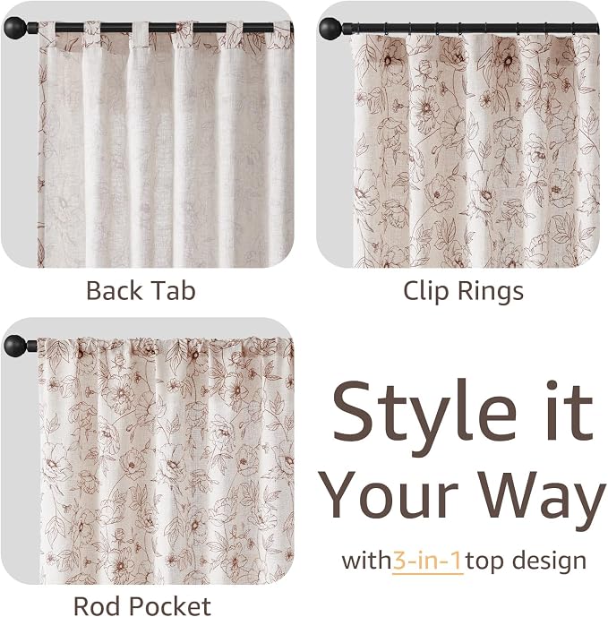 jinchan Floral Linen Curtains for Living Room 84 Inch Length Brown Flower Curtain Rod Pocket Back Tab Farmhouse Curtains with Printed Floral Bedroom Window Curtain Set, 2 Panels Brown