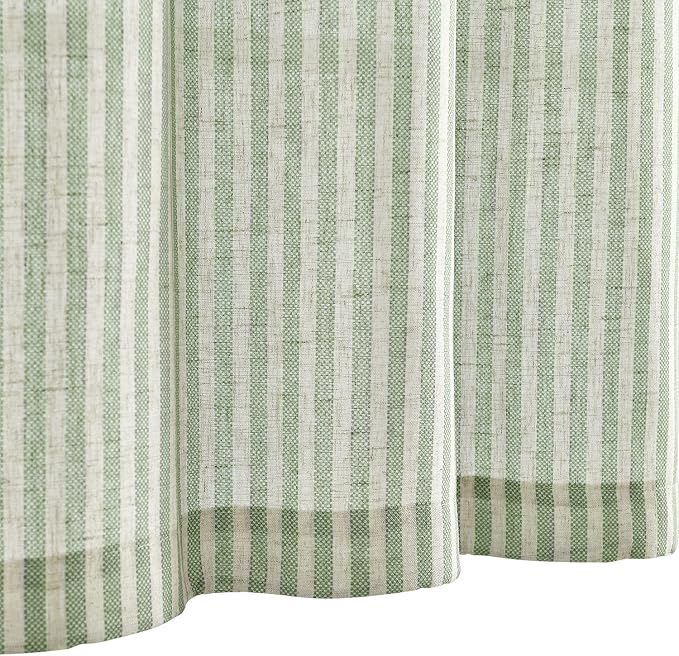 Vangao Green Stripe Linen Tiers Curtains 24 Inch Farmhouse 2 Panels | Light Filtering, Semi Sheer, for Kitchen, Living room, Tickingstripe Drapes, Pinstripe, Window Treatments