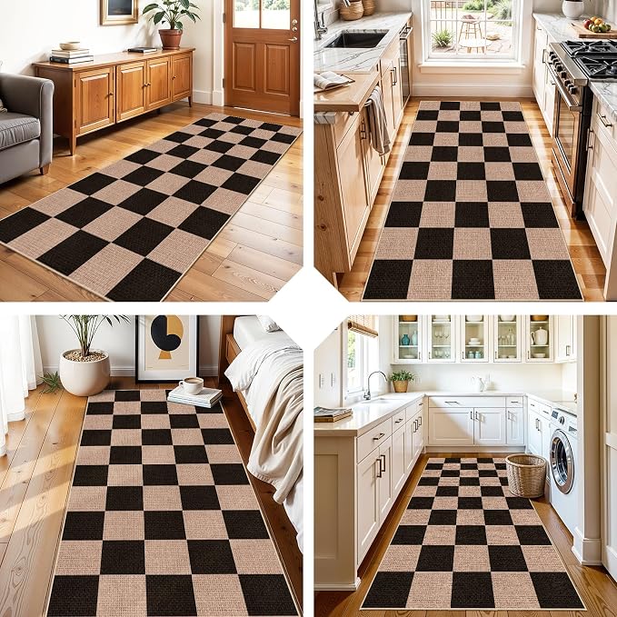 3x6 Kitchen Runner Rug Washable: Non Slip Checkered Faux Jute Farmhouse Mat | Thin Easy Clean Indoor Outdoor Boho Rugs Entryway Hallway Bedroom Modern Home Decor Durable Low Pile Floor Carpet (Black,3x6)