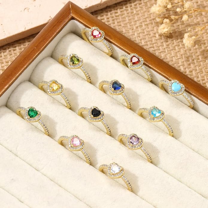 Gold Birthstone Rings for Women Non Tarnish 14k Gold Plated Dainty Heart Rings Adjustable Size Cubic Zirconia Ring Gold Simulated Gemstone Rings Birthday Gifts for Women