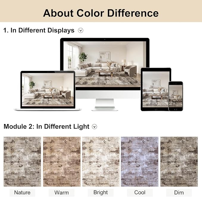 Washable Water Resistant Area Rug, Minimalist Wabi-Sabi Decor, 0.3" Low Pile, Non-Slip Cotton-Backed with Silicone Backing, for Living Room, 6'x9', Neutral Taupe