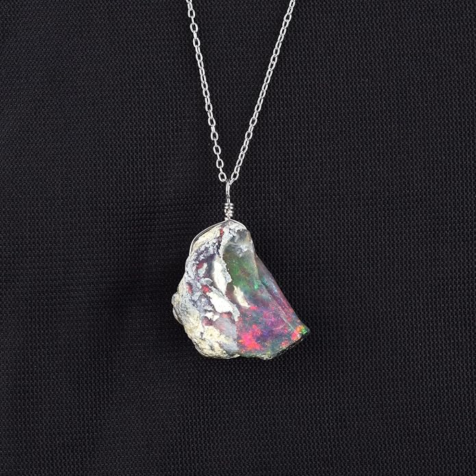 Ultra Fire Raw Ethiopian Opal Rough Dainty Pendant Necklace For Women, Healing Chakra Crystals, Handmade October Birthstone Jewelry, 925 Silver Chain 18 inch, Wedding Gift