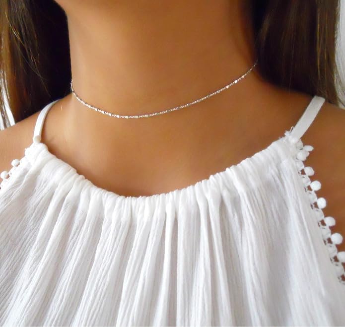 Annika Bella Chain Choker Necklace for Women, 925 Sterling Silver Chokers, Length 13-16 Inches, Short Necklaces for Teens, Waterproof Jewelry Gift for Her