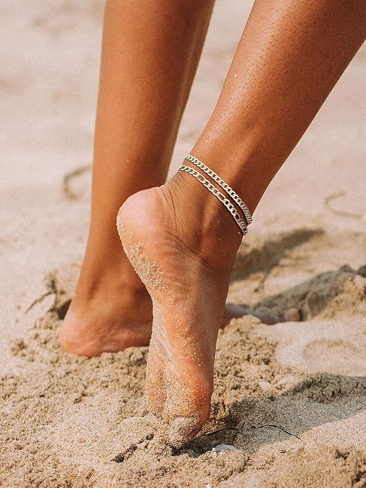 U7 2Pcs/3Pcs Ankle Bracelets for Women, Stainless Steel Cuban Link/Figaro/Rope/Heart Chain Anklets Sets,Waterproof Layered Anklets Adjustable 8.5"-10.5"