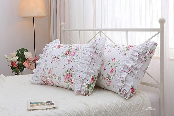 2-Pack Rose Floral Print Pillow Shams with Lace Ruffles Shabby Chic King Size Pillowcases 20" x 36 "Country Vintage Style
