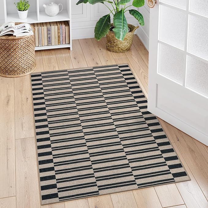 Lahome Striped Easy Jute Outdoor Patio Rug, 3x5 Washable Rugs for Porch | Indoor Living Room Area Rugs Non Slip Black, Modern Farmhouse Neutral Carpet for Entryway Backyard Bedroom Rv