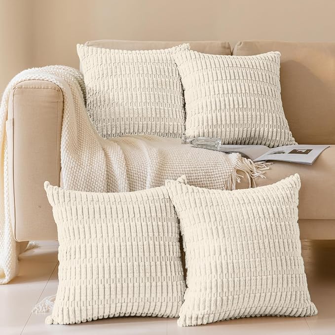 Softalker Throw Pillow Covers 20x20 Inch, Set of 4, Corduroy Soft Striped Boho Pillow Covers, Modern Decorative Cushion Pillow Case for Couch Sofa Bedroom Living Room, Cream