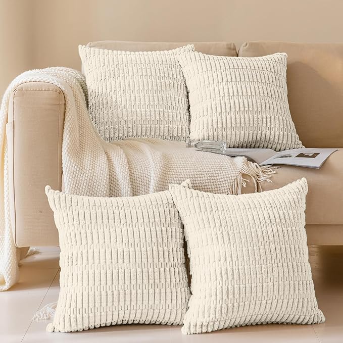 Softalker Throw Pillow Covers 18x18 Inch, Set of 4, Corduroy Soft Striped Farmhouse Boho Pillow Cover, Modern Decorative Cushion Pillow Case for Couch Sofa Bedroom Living Room, Cream