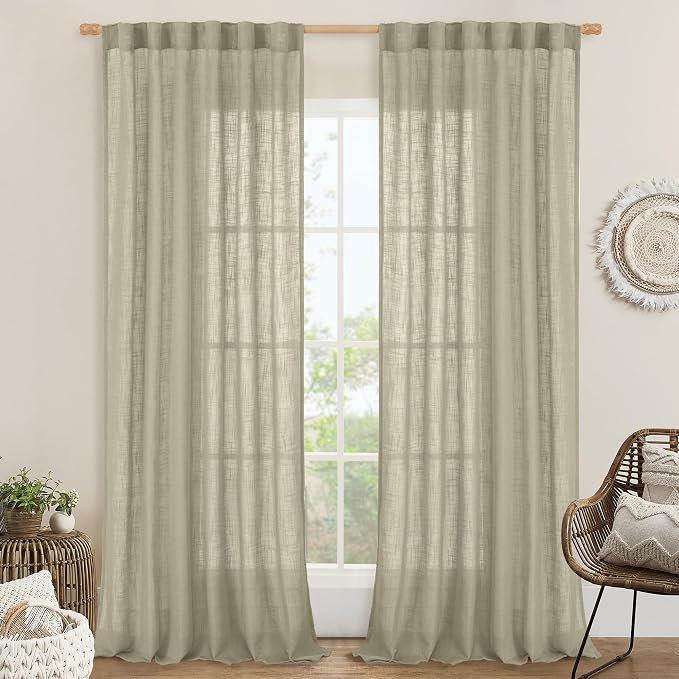 LAMIT Linen Curtains for Living Room 84 inch Length 2 Panels, Light Filtering Semi Sheer Panels Back Tab and Rod Pocket Farmhouse Drapes for Bedroom/Sliding Glass Door, Oatmeal, 52 x 84 Inch