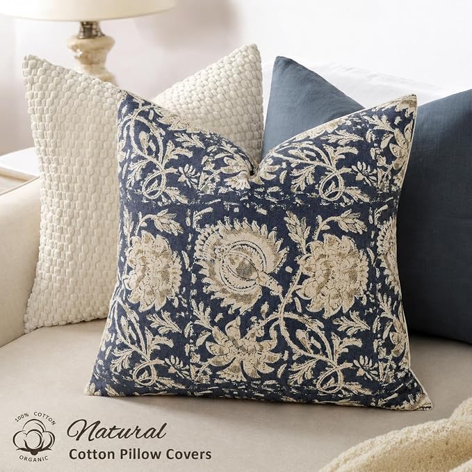 Vintage Floral Print Throw Pillow Covers 22x22 Set of 2 Neutral Modern Farmhouse Pillow Cases Accent Decorative Cushion Covers Boho Home Decor for Couch Sofa Chair Bed Living Room, Navy