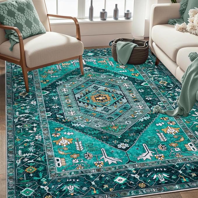 SERISSA 4x6 Boho Bedroom Rug, Washable Non Slip Vintage Teal Area Rugs, Ultra Soft Print Distressed Tribal Entry Rug Low-Pile Throw Carpet for Nursery Dorm Kitchen Living Room Decor