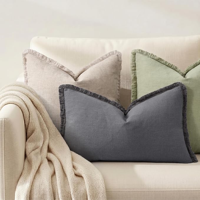 decorUhome Linen Fringe Dark Grey Throw Pillow Covers 12x20 Set of 2 | Decorative Soft Accent Modern Boho Farmhouse Lumbar Cushion Covers with Tassels Cotton Pillow Covers for Couch Bed Sofa