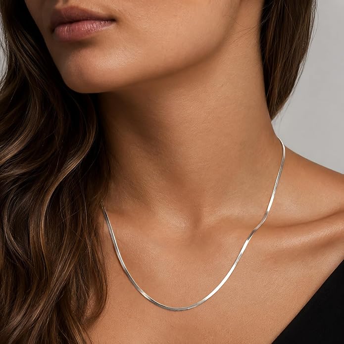 WomenGifts 14K Gold Silver Plated Herringbone Necklace for Women, Dainty Snake Chain Choker, Trendy Simple Long Layered Jewelry Non Tarnish, 3/4/5/8mm,14,16,18,20,22,24,26 Inch Thin & Chunky Options