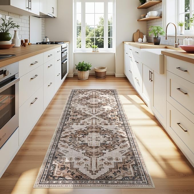 Joydeco Washable 2x5 Hallway Runner Rug Vintage, Blue Grey&Light Coffee | Water Resistant Low Pile Non Slip Backing for Kitchen Entryway Bedroom Bathroom Dining Room