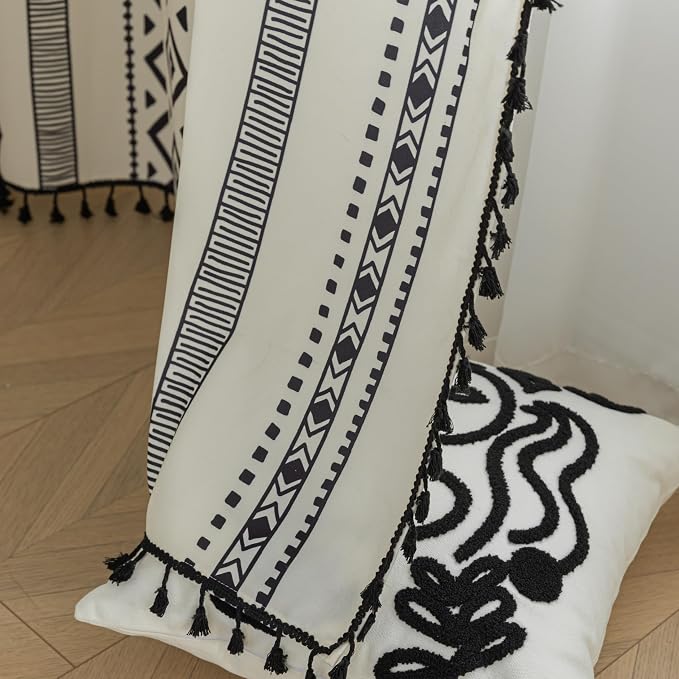 Black Geometric Curtains 102 Inches Long, Boho Farmhouse Light Filtering Rod Pocket Drapes with Tassel Trim for Bedroom Living Room, 2 Panels