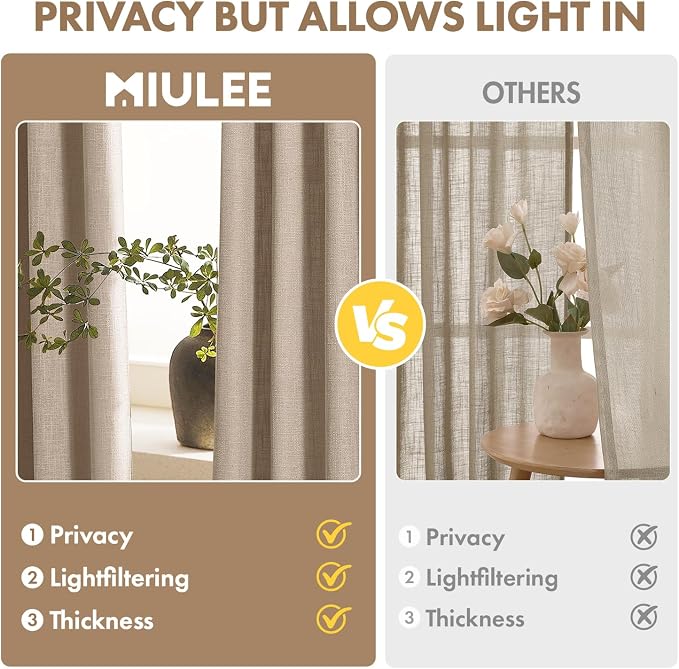 MIULEE Thick Linen Curtains, 42Wx96L, Taupe Semi Sheer Linen Textured | Light Filtering Window Privacy Drapes with Back Tab Rod Pocket for Farmhouse/Living Room/Bedroom, Set of 2