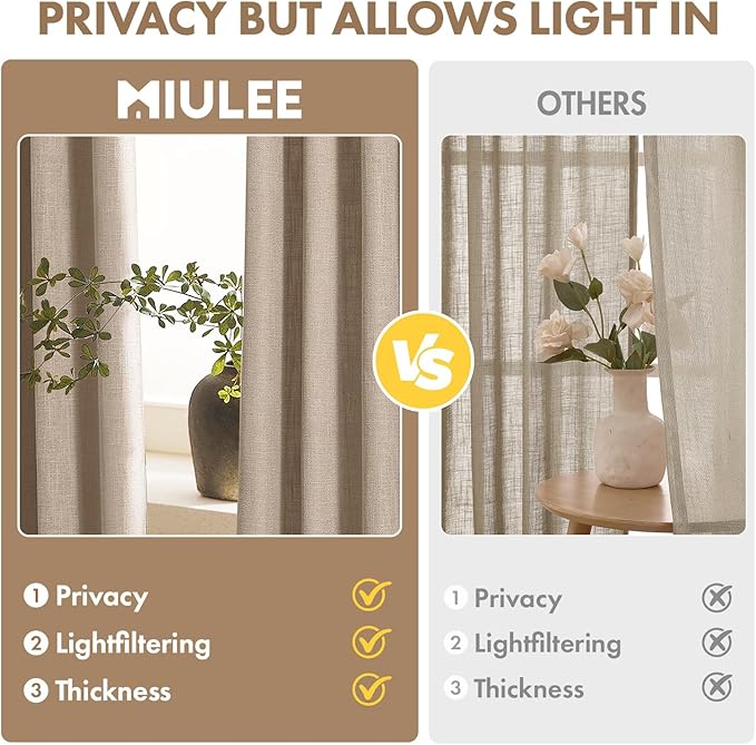 MIULEE Thick Linen Curtains, 42Wx90L, Taupe Semi Sheer Linen Textured | Light Filtering Window Privacy Drapes with Back Tab Rod Pocket for Farmhouse/Living Room/Bedroom, Set of 2