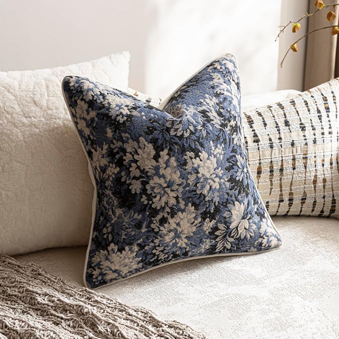 DEZENE Pack of 2 Vintage Floral Throw Pillow Covers 18x18 Boho Farmhouse Accents Chenille Square Decorative Pillow Cases for Living Room Couch Bed Home Decor, Dusty Blue