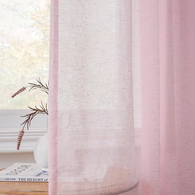 FMFUNCTEX Pink Flax Linen Sheer Curtains 96 Inch Long Rod Pocket 2 Panels | Semi Sheer Window Drapes Pink for Bedroom and Living Room, Farmhouse French Window Curtain Privacy