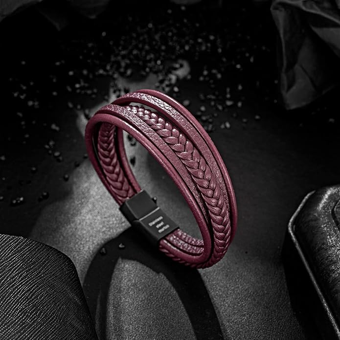 murtoo Mens Leather Bracelet with Clasp Cowhide Multi-Layer Braided Leather Mens Bracelet