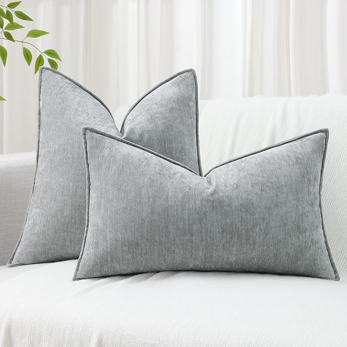 decorUhome Chenille Ultimate Gray Throw Pillow Covers 22x22 Set of 2 | Fall Soft Euro Sham Couch Decorative Modern Velvet Pillow Cases with Elegant Design for Sofa Bed Living Room Home Decor