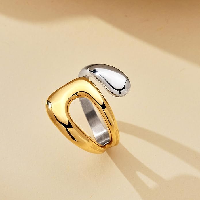 Gelbesty Waterproof Gold Statement Rings for Women, 14K Gold Plated Chunky Open Stackable Rings Non Tarnish Fashion Adjustable Stainless Steel Pinky Knuckle Signet Vintage Ring Jewelry Size 5-11