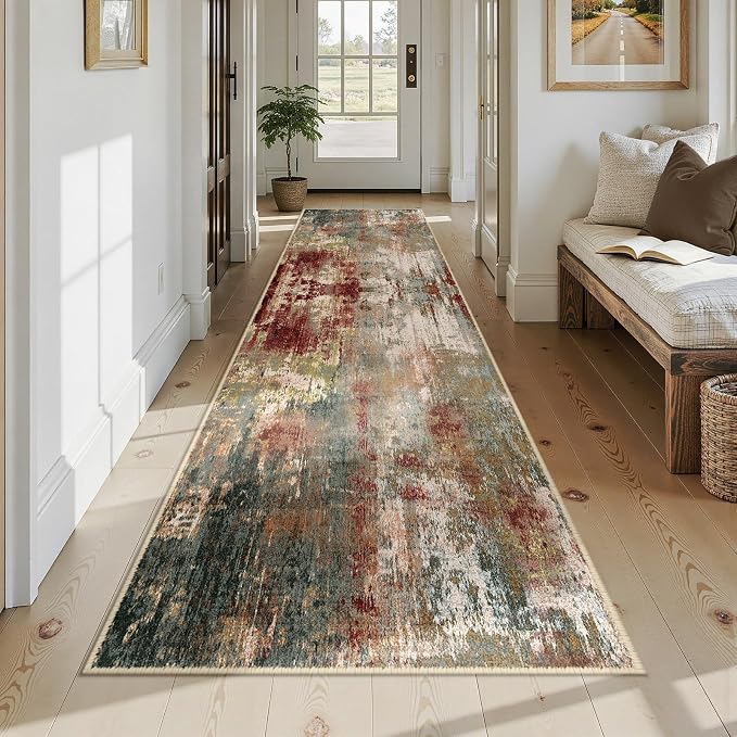 RELEANY Washable Area Rugs 3x12 Non-Slip Modern Abstract Soft for Living Room Entryway Bedroom Kitchen, Print Pattern, Brown Rust Red Green Blue Multi