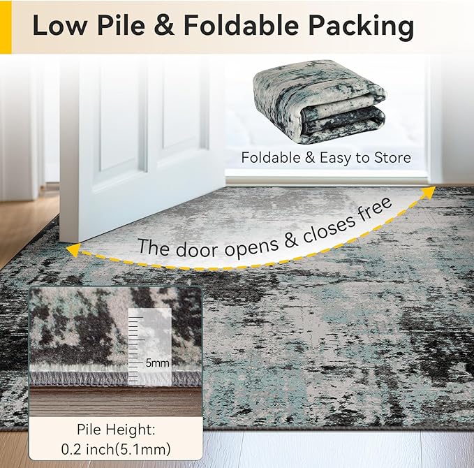 RELEANY Washable Area Rugs 2'x8' Non-Slip Modern Abstract Soft for Living Room Entryway Bedroom Kitchen, Print Pattern, Blue Black Teal