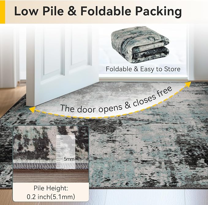 RELEANY Washable Area Rugs Square 8ft Non-Slip Modern Abstract Soft for Living Room Entryway Bedroom Kitchen, Print Pattern, Blue Black Teal