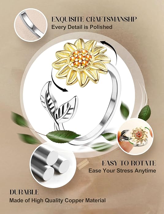 FIBO STEEL 9 Pcs Fidget Anxiety Rings for Women Men Spinner Rings for Anxiety Relieving Stress Open CZ Flower Moon Star Anti Rotatable Rings Adjustable