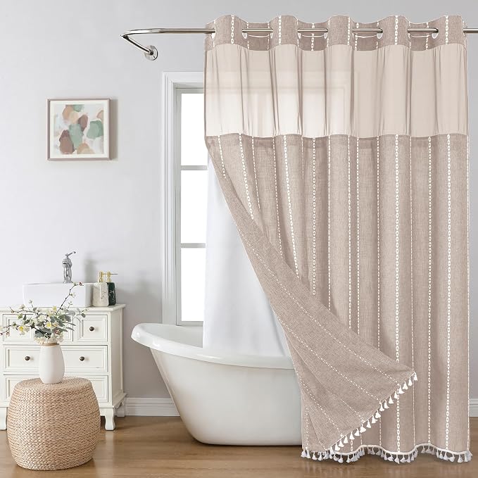eachope No Hook Long Shower Curtain Set with Snap-in Fabric Liner,Linen Textured Thick Striped Fabric with Tassels,Boho Farmhouse Rustic Luxury Bathroom Curtain,Water-Repellent,Tan/Taupe,71x80