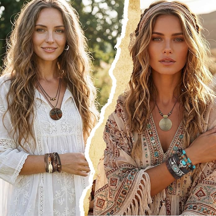 Tondiamo 12Pcs Boho Jewelry Set for Women Bohemian Western Jewelry Set with Long Pendant Necklace Dangle Earrings and Stackable Bangle Bracelets Accessories for Women Friendship Gift