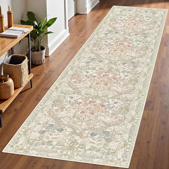 Lunasun Floral 3x8 Wide Hallway Runner - Sage Green with Cream Accent, Boho Forest Decor, Washable Low Pile Non Slip Stain Resistant Rug for Long Kitchen, Large Bathroom, Hall Way
