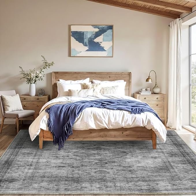 4x6 Area Rug for Living Room-Vintage Farmhouse Boho Floral Washable Stain Resistant Indoor Carpet for Bedroom Office and Home Decor(Ashen Black)