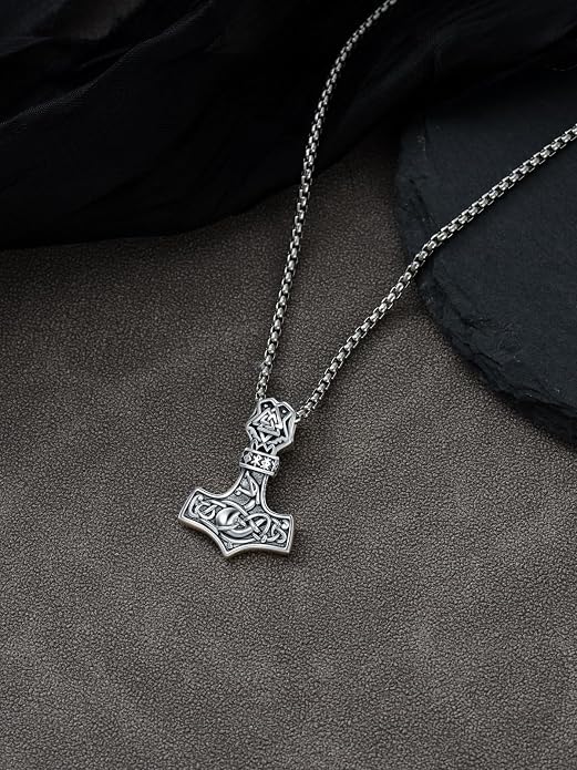 Viking Necklace for Men 925 Sterling Silver Viking Wolf/Thors Hammer/Vegvisir/Tree of Life/Compass Pendant Norse Necklace Amulet Talisman Christmas Gifts for Him Her