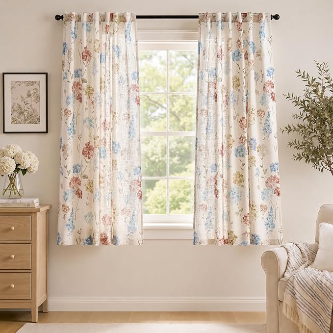 jinchan Floral Linen Curtains 63 Inch Vintage Cottagecore Back Tab 2 Panels | Light filtering drapes, semi sheer, farmhouse, botanical, watercolor, living room, bedroom, rod pocket, window treatment