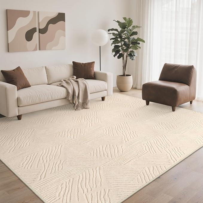 GENIMO Soft Washable Area Rugs 8x10, 3D Modern Stripe Textured Living Room Rug, High-Low Pile Non Slip Fuzzy Carpet, Non-Shedding Stain Resistant Thin Beige Carpet for Bedroom, Dining Room, Nursery