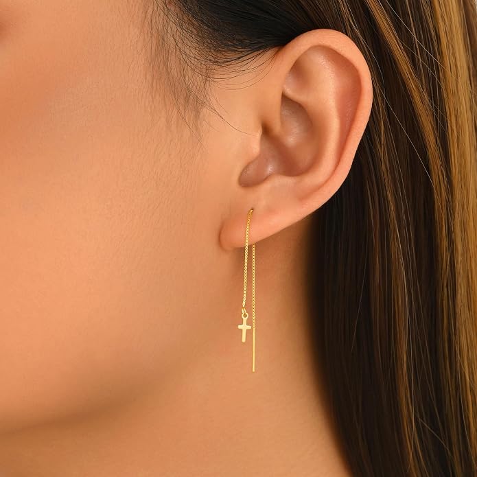Cross Threader Earrings for Women 925 Sterling Silver Dainty Long Chain Ear Line 14K Gold Plated Elegant Cross Faith Dangle Tassel Earrings Hypoallergenic Drop Stud Christian Wedding Jewelry Gift