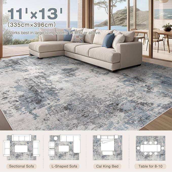 Abstract 11x13 Area Rug: Machine Washable Non Slip Ultra Thin Low-Pile Carpet, Soft Stain Resistant for Living Dining Room Bedroom, Kid Pet Friendly, Robot Vacuum Compatible - Grey Blue