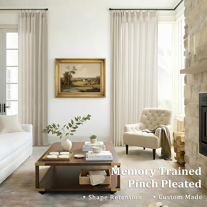 Pinch Pleated 105 Inch Linen Curtains with Hooks Rings Semi Sheer | Light Filtering, Custom, Memory Shape, Pleat Drape, 105 Inches, for Living Dining Room, Farmhouse, Grayish Beige Tan, 1 Panel