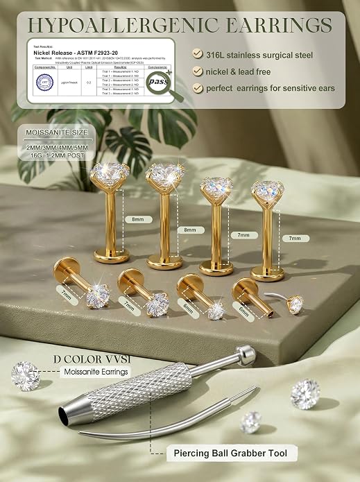 LOLIAS 4 Pairs Moissanite Flat Back Earrings Hypoallergenic-Threadless Push in Nose Rings Studs for Women Men 14K Gold Plated Surgical Steel Cartilage Helix Tragus Labret Piercing Jewelry Kit Taper Ball Grabber Tool 20G 18G 16G