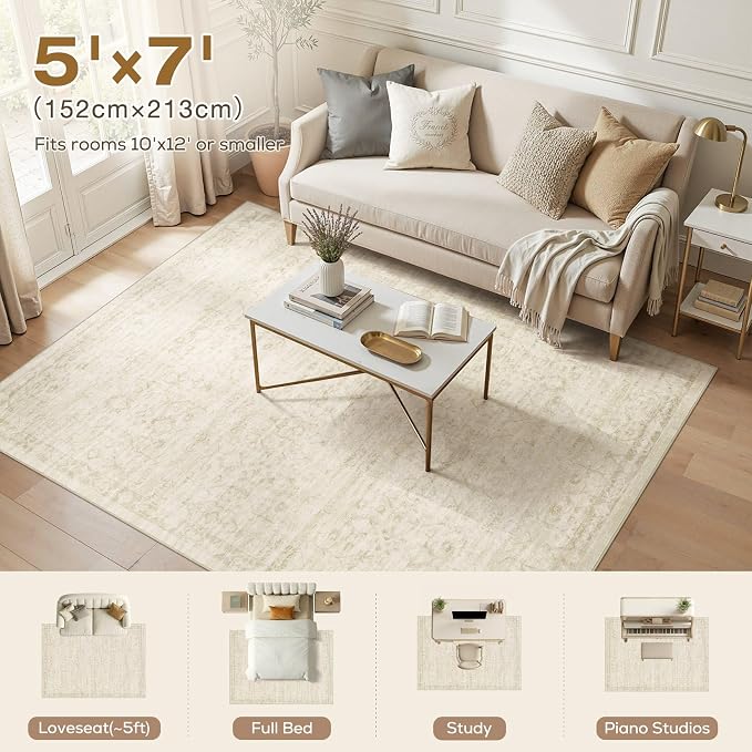 Nakagishi 5X7 Area Rugs Living Room: Washable Large Vintage Rug Neutral Non-Slip Soft Stain Resistant Indoor Carpet for Bedroom Nursery Dining Room Office Playroom - Vintage Beige