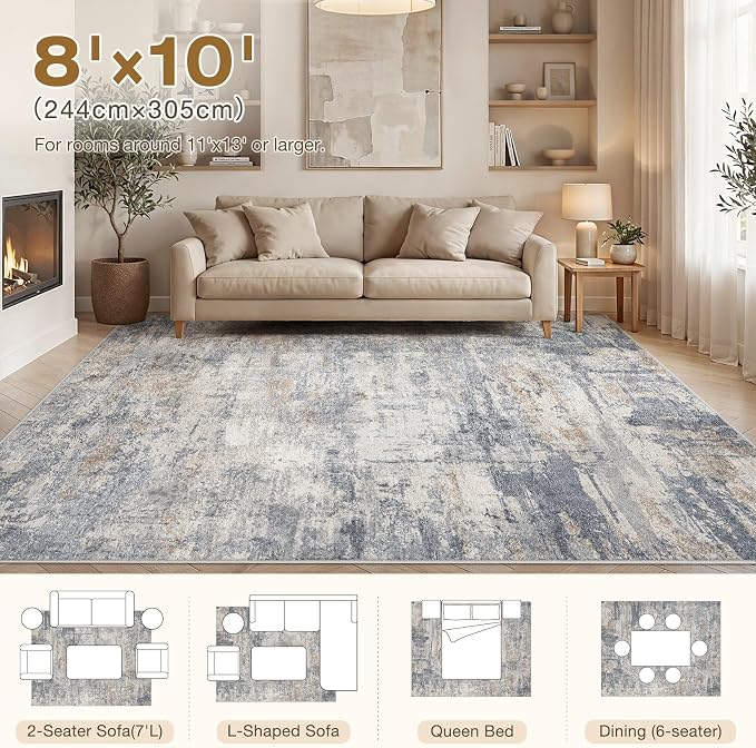 cotiled 8x10 Area Rugs Abstract Soft Non Slip Washable Living Room Rug | Stain Resistant, Robot Vacuum & Pet Friendly, Low-pile, For Living Room, Bedroom, Dining Table, Nursery Blue/Brown