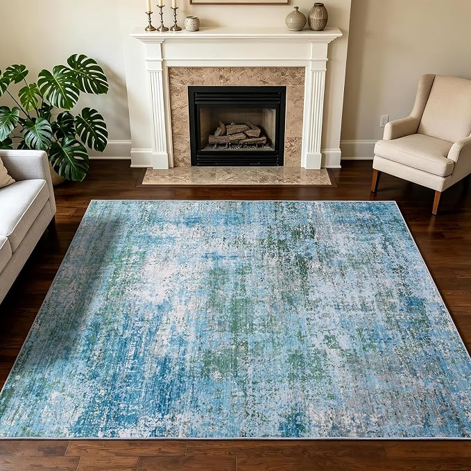 6x9 Area Rugs Living Room Rug Abstract Washable Rug Non-Slip Soft Low Pile Indoor Floor Stain Resistant Thin Carpet for Bedroom Dining Room Home Office Farmhouse Nursery - Dusty Blue & Cream 6' x 9'