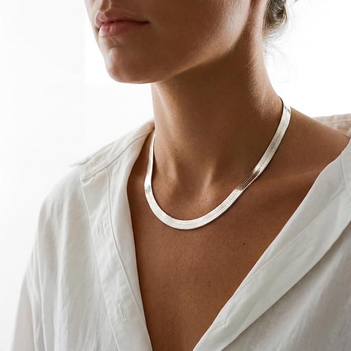 WomenGifts 14K Gold Silver Plated Herringbone Necklace for Women, Dainty Snake Chain Choker, Trendy Simple Long Layered Jewelry Non Tarnish, 3/4/5/8mm,14,16,18,20,22,24,26 Inch Thin & Chunky Options