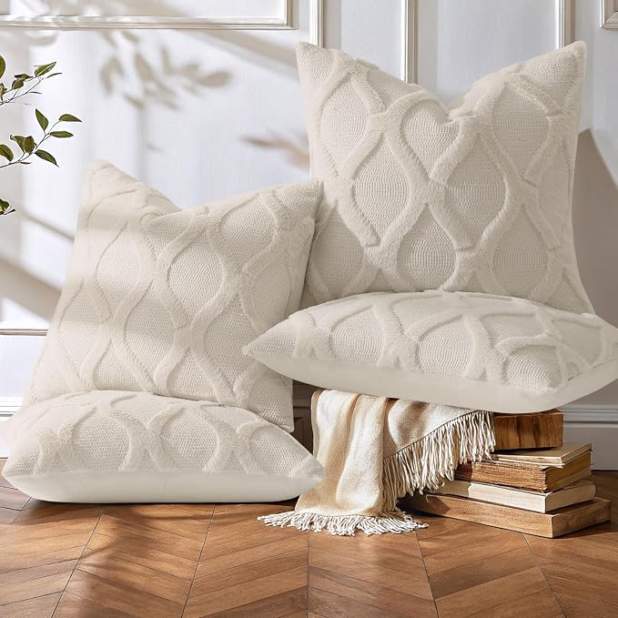decorUhome Set of 4 Faux Fur Beige Throw Pillow Covers 18x18 | Neutral Decorative Soft Plush Couch Pillow Covers, Farmhouse Pillow Cases for Living Room Bed Sofa