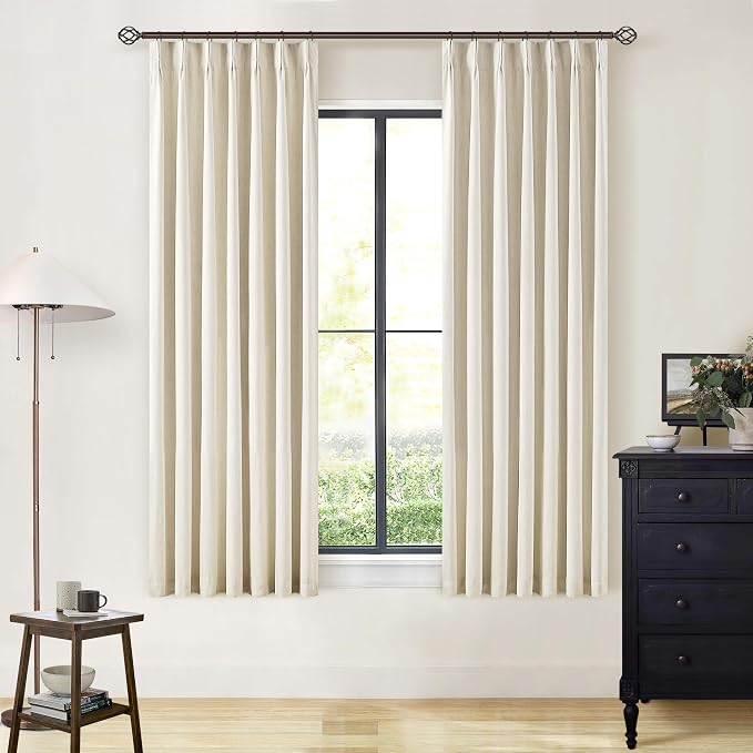 Cream Beige 63 Inch Length Blackout Pinch Pleated Linen Curtains with Liner | Memory Trained, 100% Black Out, Thermal Insulated, UV Blocking, Noise Reducing Curtains for Small Window Bedroom 2 Panels