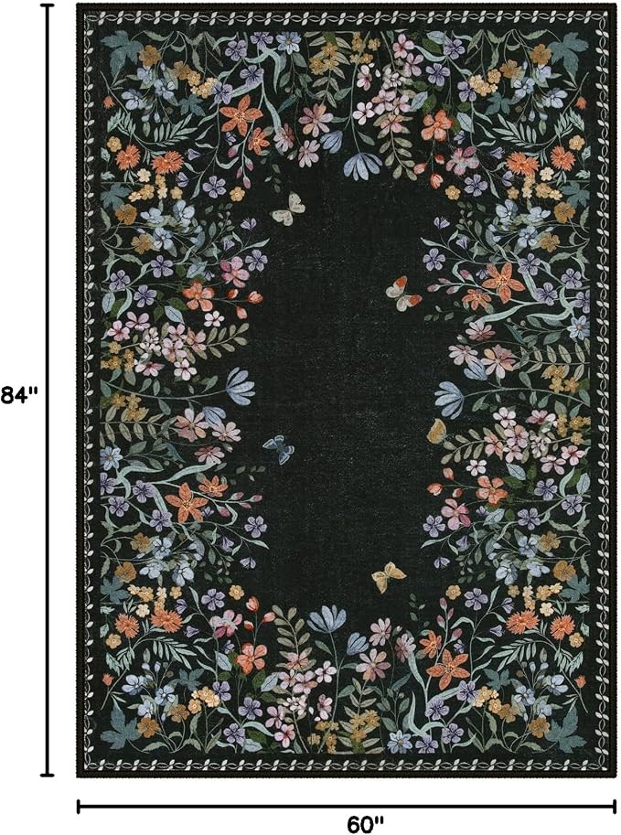 Wonnitar 5x7 Washable Area Rug, Black Floral Rug for Bedroom, Boho Flower Rug for Dining Room, Non Slip Low Pile Living Room Carpet, Botanical Farmhouse Indoor Decor (5x7 Black)
