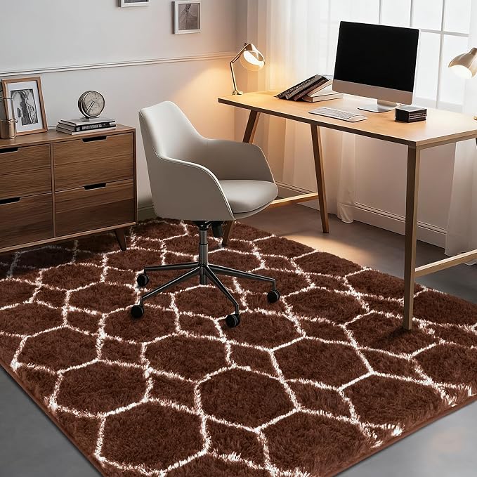Fluffy Rug for Living Room, Soft Modern 8x10 Brown and White Shag Area Rugs | Non Slip Brown Carpet for Bedroom, Home Decor Aesthetic, Washable Large Fuzzy Plush Floor Mat for Nursery Teen Dorm
