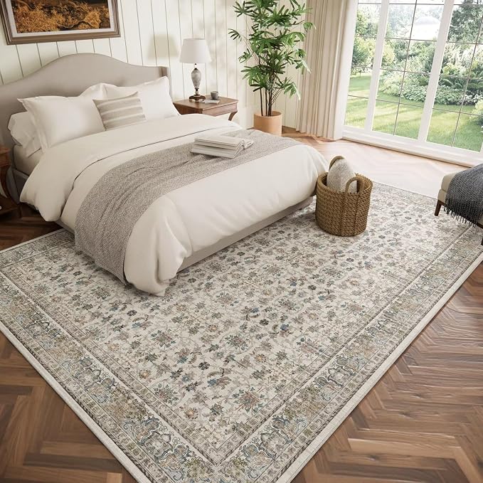 Boho Washable 8x10 Area Rugs for Living Room, Cushioned, Cream/Blue | Vintage Non-slip Neutral Oriental Rugs for Bedroom Dining Room Nursery Office High Traffic Area